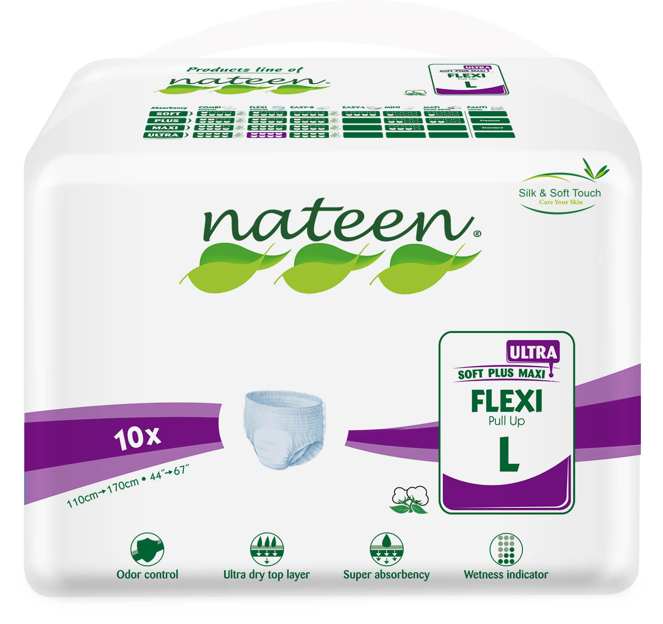 Packaging of Nateen Flexi Ultra Pull-up Underwear showing the product and its features like odor control, ultra dry top layer, super absorbency, wetness indicator, and size large.